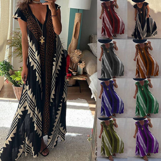 Short Cap Sleeve Striped Beach Style Casual Dress Vacation Women's Loose Fit - Clothing Personality