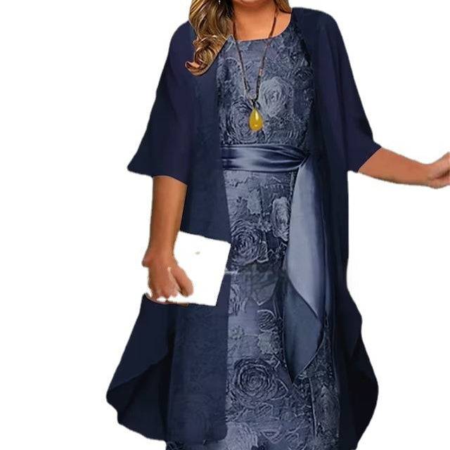 Women's Long Sleeve Printed Round Neck Plus Size Dress Suit Matching Pullover Sweater - Clothing Personality