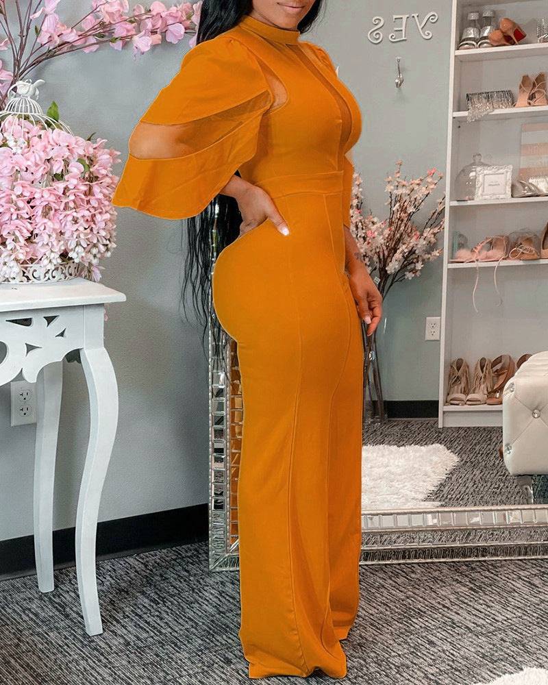 Women's Cutout Half Sleeve Classic Solid Color Slant Collar Buttoned One-piece Jumpsuit Wide-leg Pants - Clothing Personality