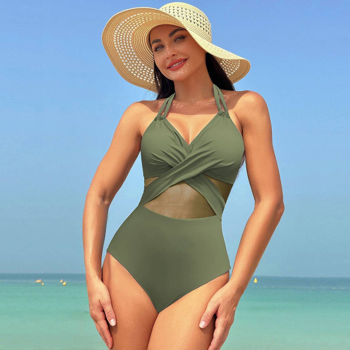 Halter-neck One-piece Swimsuit Summer Solid Color Cross-strap Design Mesh Bikini Beach Vacation Womens Clothing - Clothing Personality