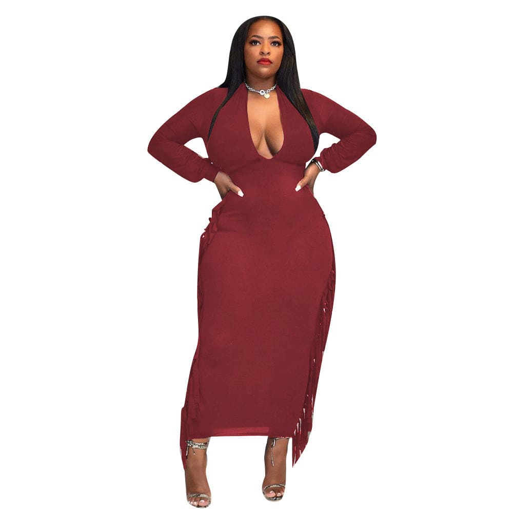 Plus Size Sexy Deep V Fringed Dress - Clothing Personality