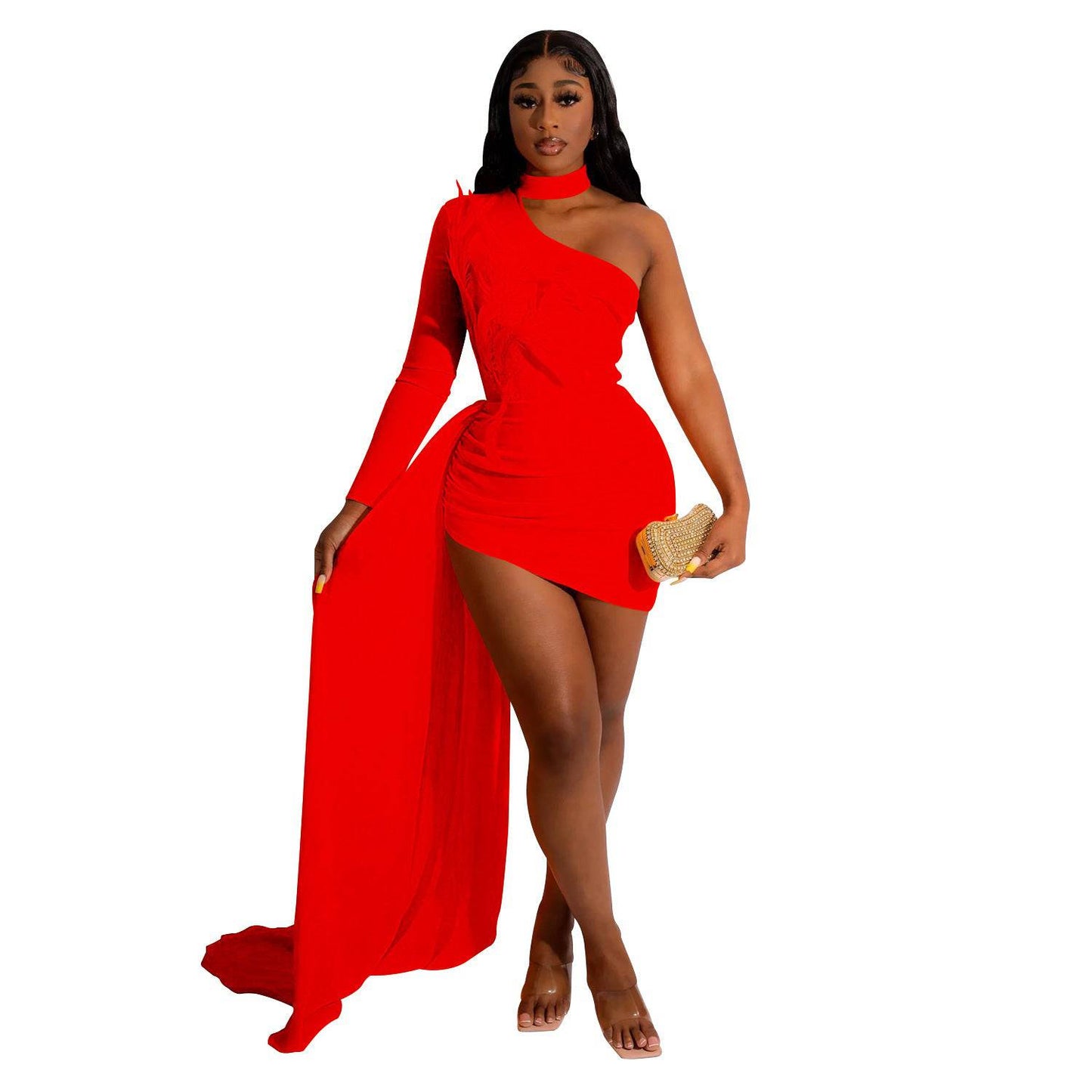 Women's Long Sleeve Sloping Shoulder Red Dress - Clothing Personality