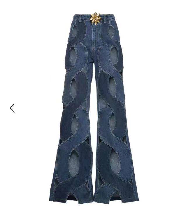 Women Streetwear Cutout Hollow Out Criss Cross Straight Flare Denim Pants - Clothing Personality