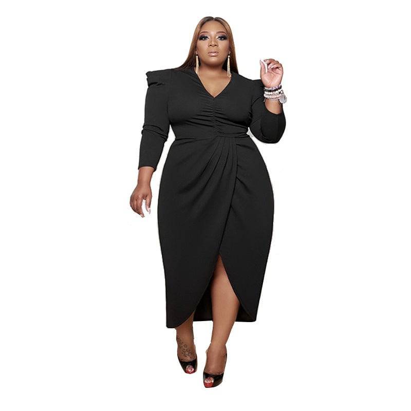 Women's Plus Size Fall V-neck Irregular Long Sleeve Dress - Clothing Personality