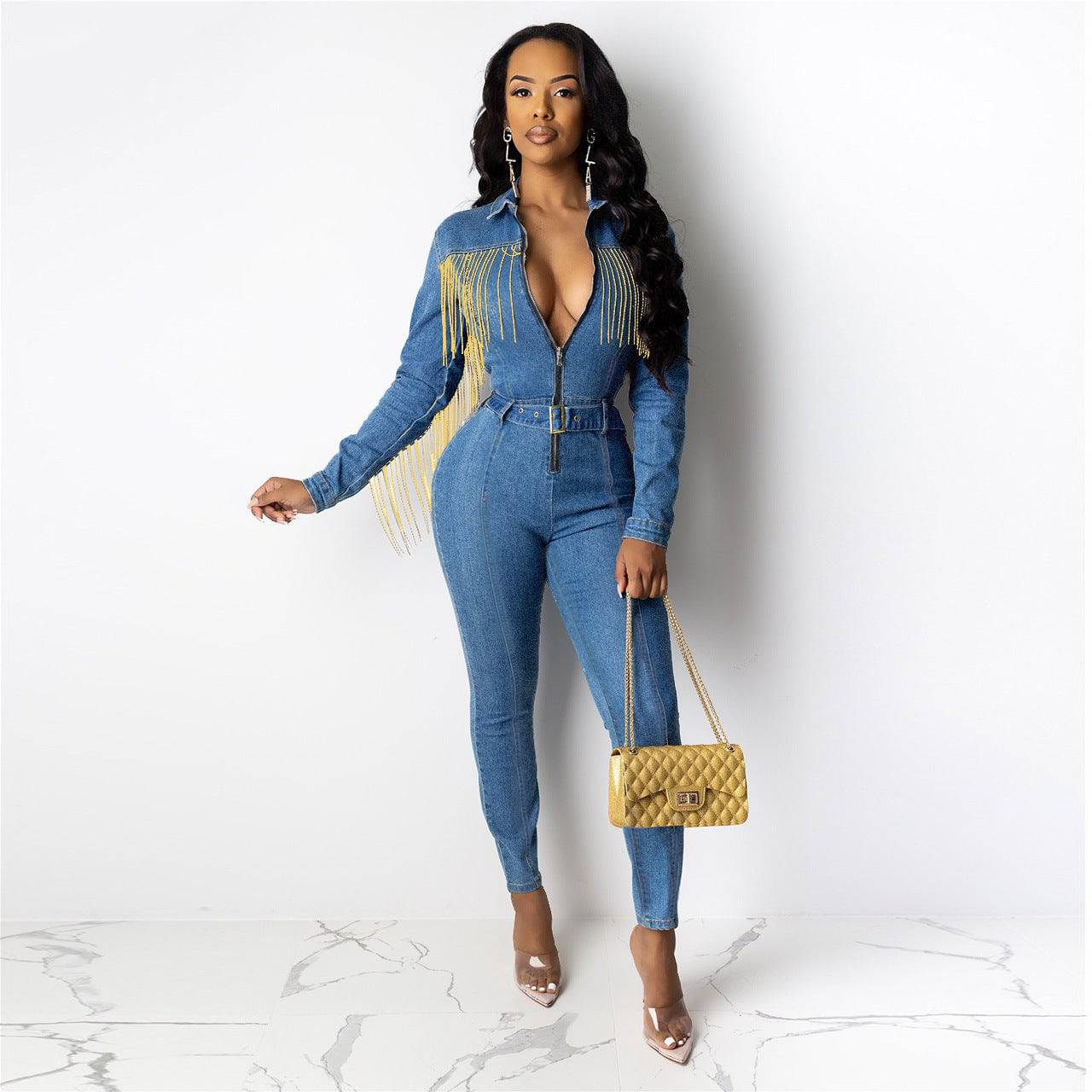 Women's Cowboy Western Fringed Sleeve Denim Jumpsuit - Clothing Personality