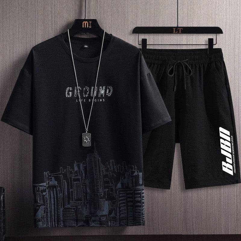 Men's Fashion Printed Short-sleeved T-shirt Shorts Sports Two-piece Set - Clothing Personality