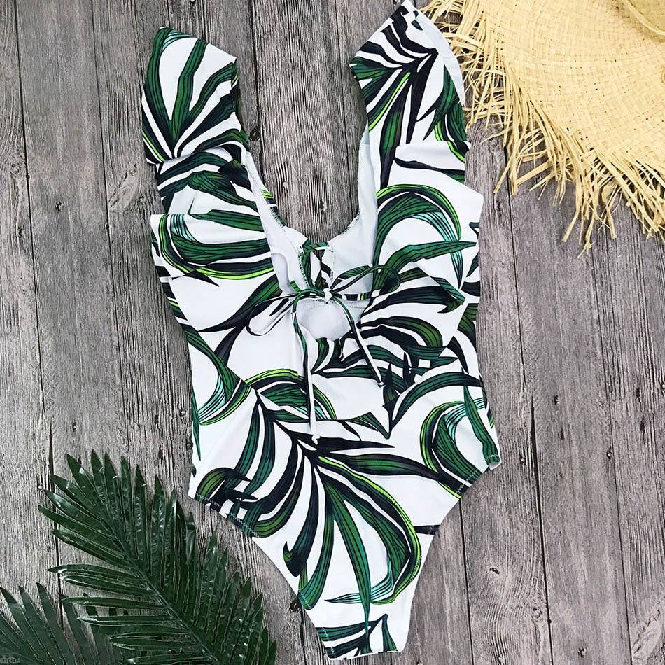 Sexy Ruffle One Piece Swimsuit Women Swimwear Push Up Monokini Bodysuit Print Swim Suit Backless Bathing Suit Beach Wear - Clothing Personality