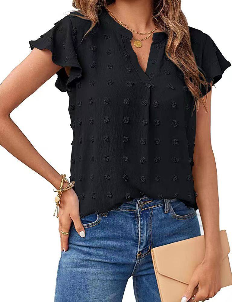 Women's Spring Summer V-Neck Ruffle Short Sleeve Blouse Dot Flowy Shirt Top - Clothing Personality