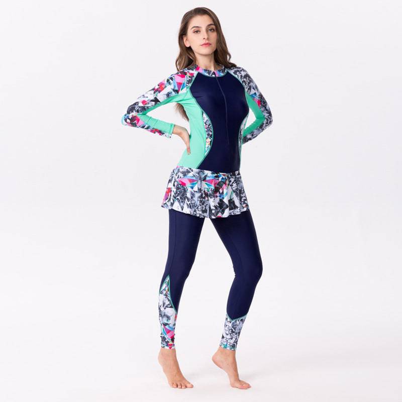 One-Piece Long Sleeve Long Skirt Swimsuit - Clothing Personality