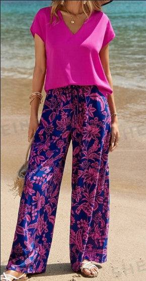 Women's Solid V-Neck Short Sleeve Top And Botanical Print Pants - Clothing Personality