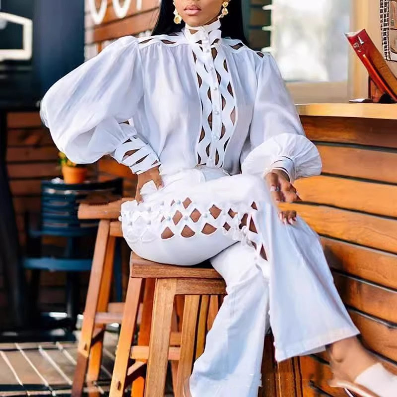 Women's Lattice Hollow Out All White Two-Piece Lace Shirt White Long Sleeve Solid Color Blouse And Pants