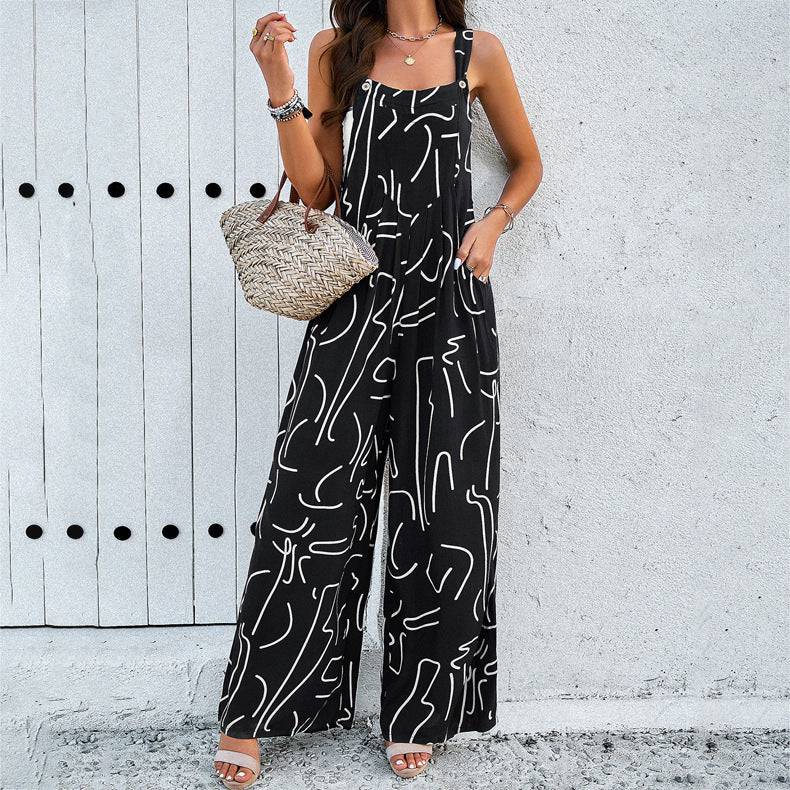 Fashion Print Square Neck Jumpsuit With Pockets Spring Summer Casual Loose Overalls Womens Clothing - Clothing Personality