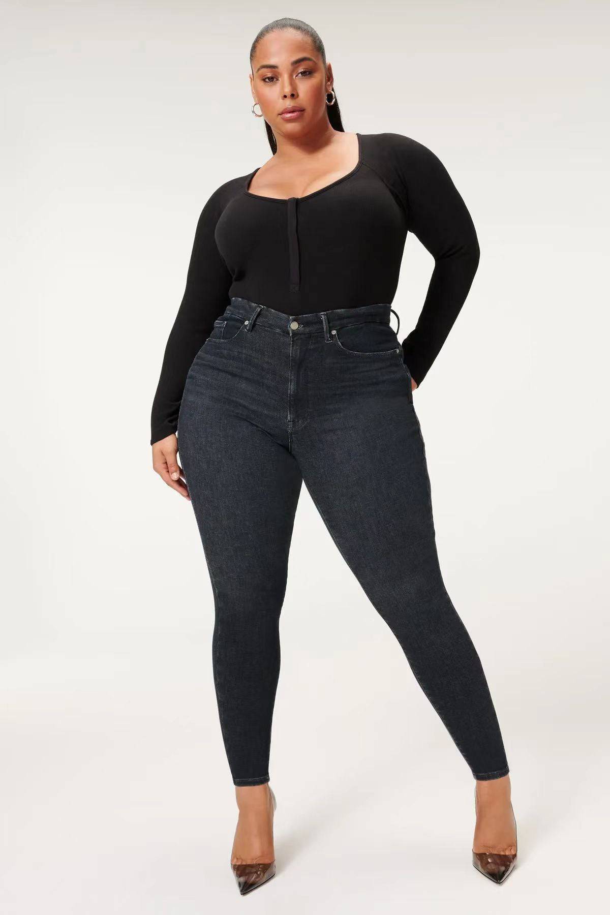 Women's Dark Wash High Rise Stretchy Slim Fit Straight Leg Denim Jeans - Clothing Personality