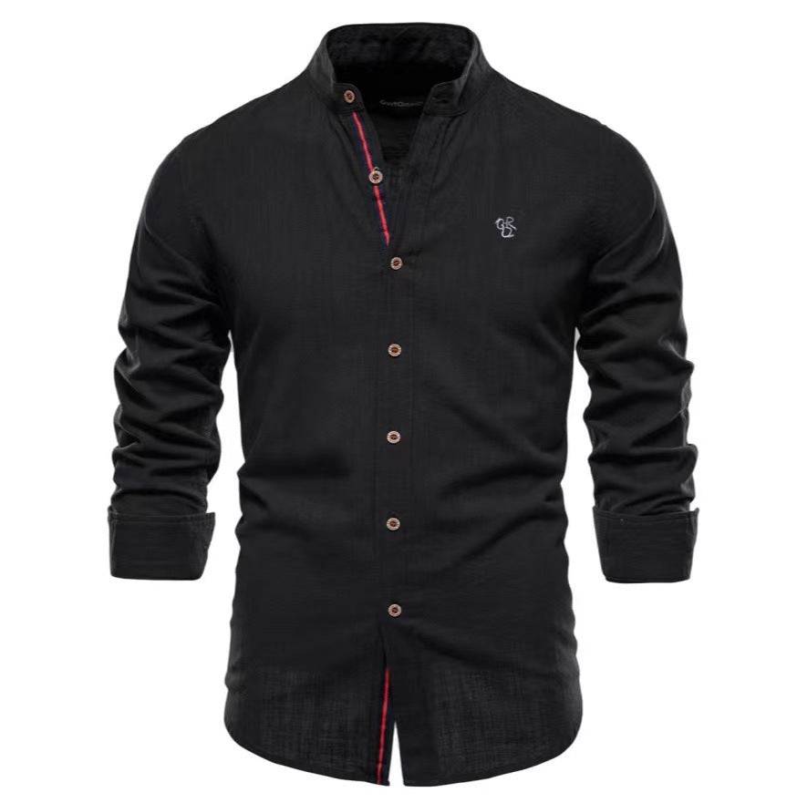 Men's Cotton And Linen Casual Fashion Solid Color Long Sleeve Henley Shirt - Clothing Personality