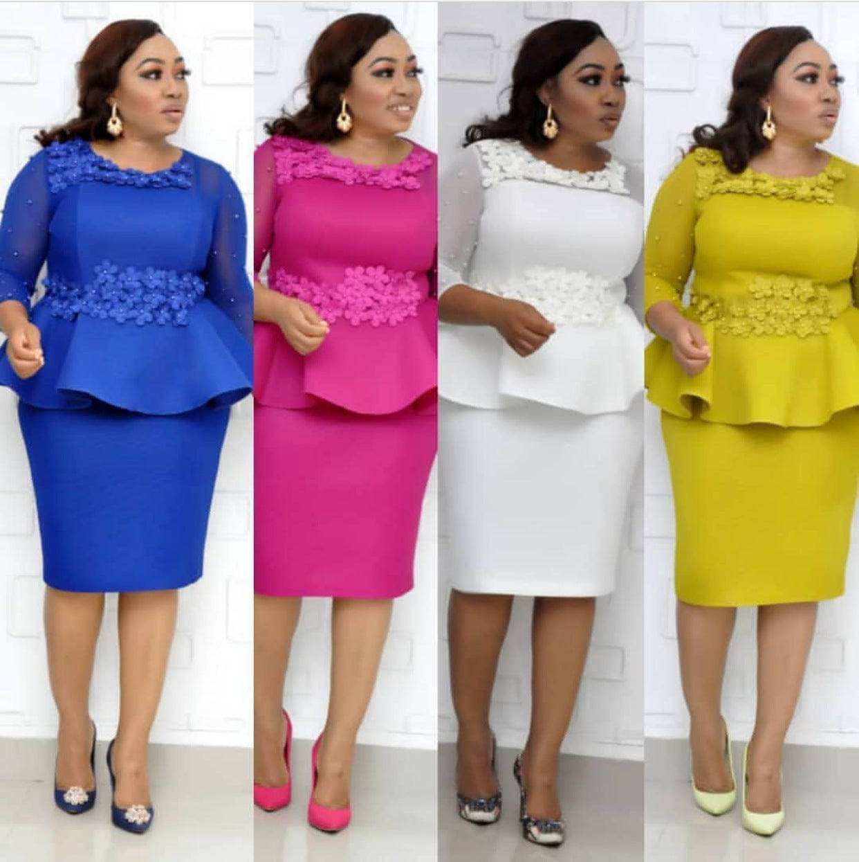 Women's Floral Embrpidered Beaded Sleeve Peplum Dress Plus Size Knee-length 3/4 Sleeve Round Neckline Dress - Clothing Personality