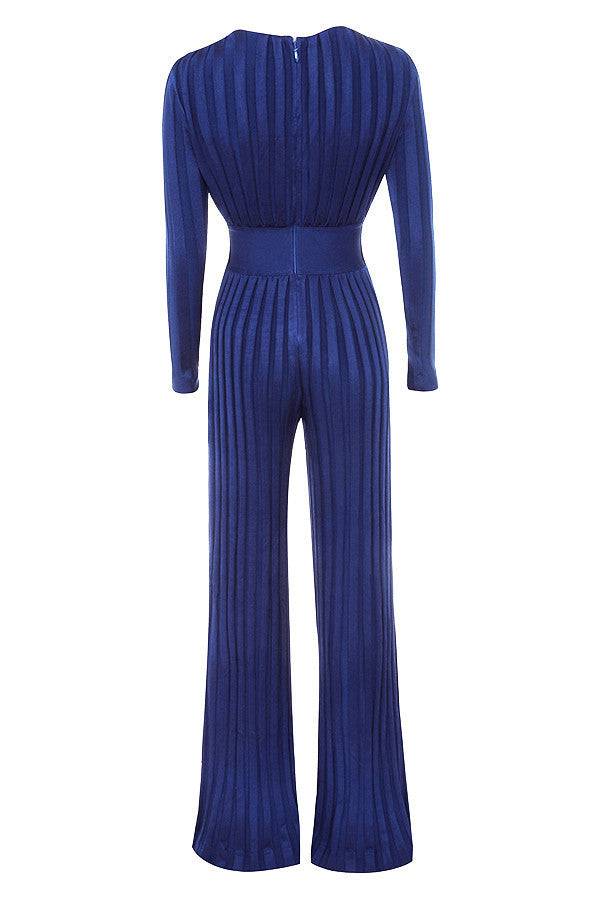 Women's Plunging Neckline Sexy Long Sleeve Blue Dual Tone Striped Bandage Pants Jumpsuit - Clothing Personality