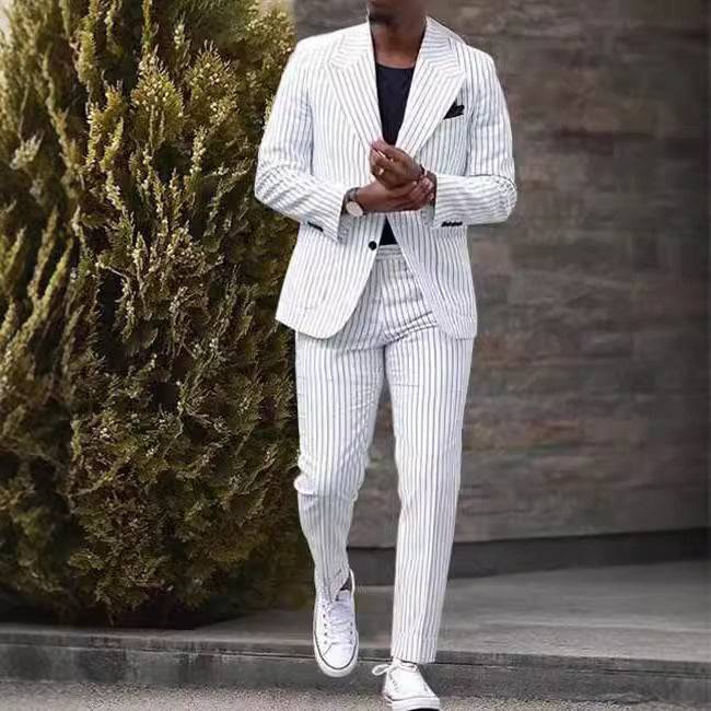Men's Lightweight Luxury Linen Seersucker Blazer and Pants Set Slim Fit Straight Leg Business Casual Trousers Striped Suit