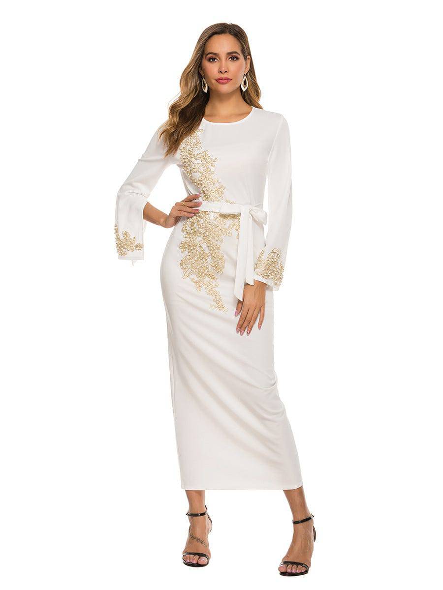 Women's Beautiful Floral Embroidered Long Sleeve Dress Muslim Embroidered Dress White