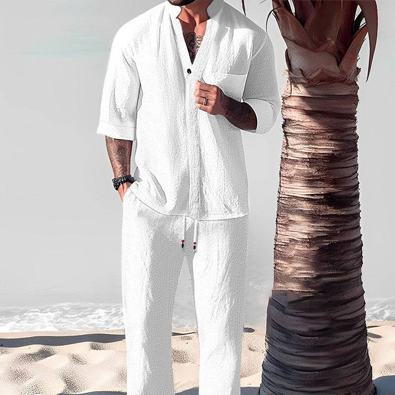 Men's Cotton And Linen White Matching Pants Set Outfit Set Short Sleeve Half Sleeve V-Neck Pants Suit Men for Spring Summer Clothing Personality