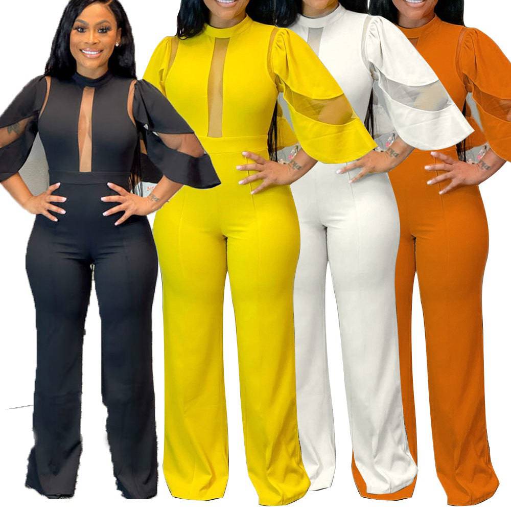 Women's Peekaboo Short Sleeve Classic Solid Color Slant Collar Buttoned One-piece Jumpsuit Wide-leg Pants Various colors