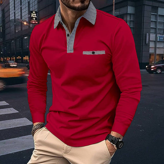 Leisure Plaid Lapel Polo Shirt Fashion Solid Color Long Sleeve Tops Men's Clothing - Clothing Personality
