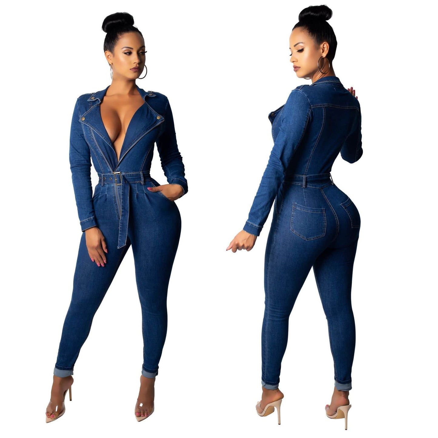 Women's Denim V-neck Slim git Long sleeve Jumpsuit One-piece Bodysuit - Clothing Personality
