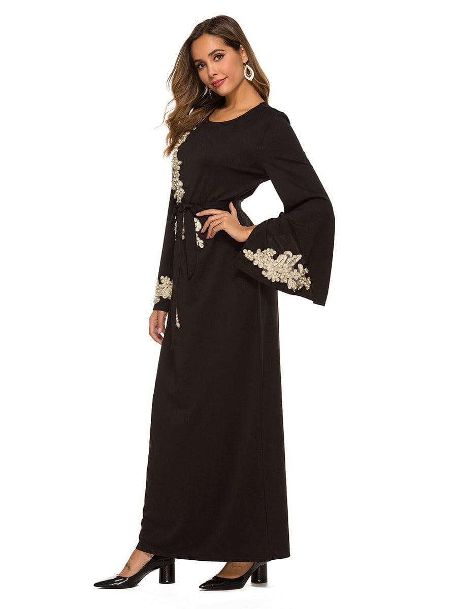 Women's Beautiful Floral Embroidered Long Sleeve Dress Muslim Embroidered Dress Black