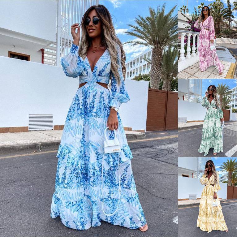 Elegant Women's V-neck Long-sleeved Plant Dress - Clothing Personality