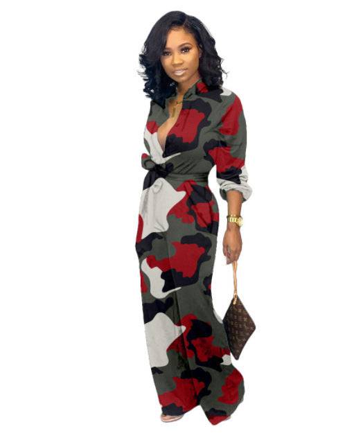 Women's Geometric Camo Print Wide Leg Pants Jumpsuit Camouflage Jumpsuit Romper - Clothing Personality