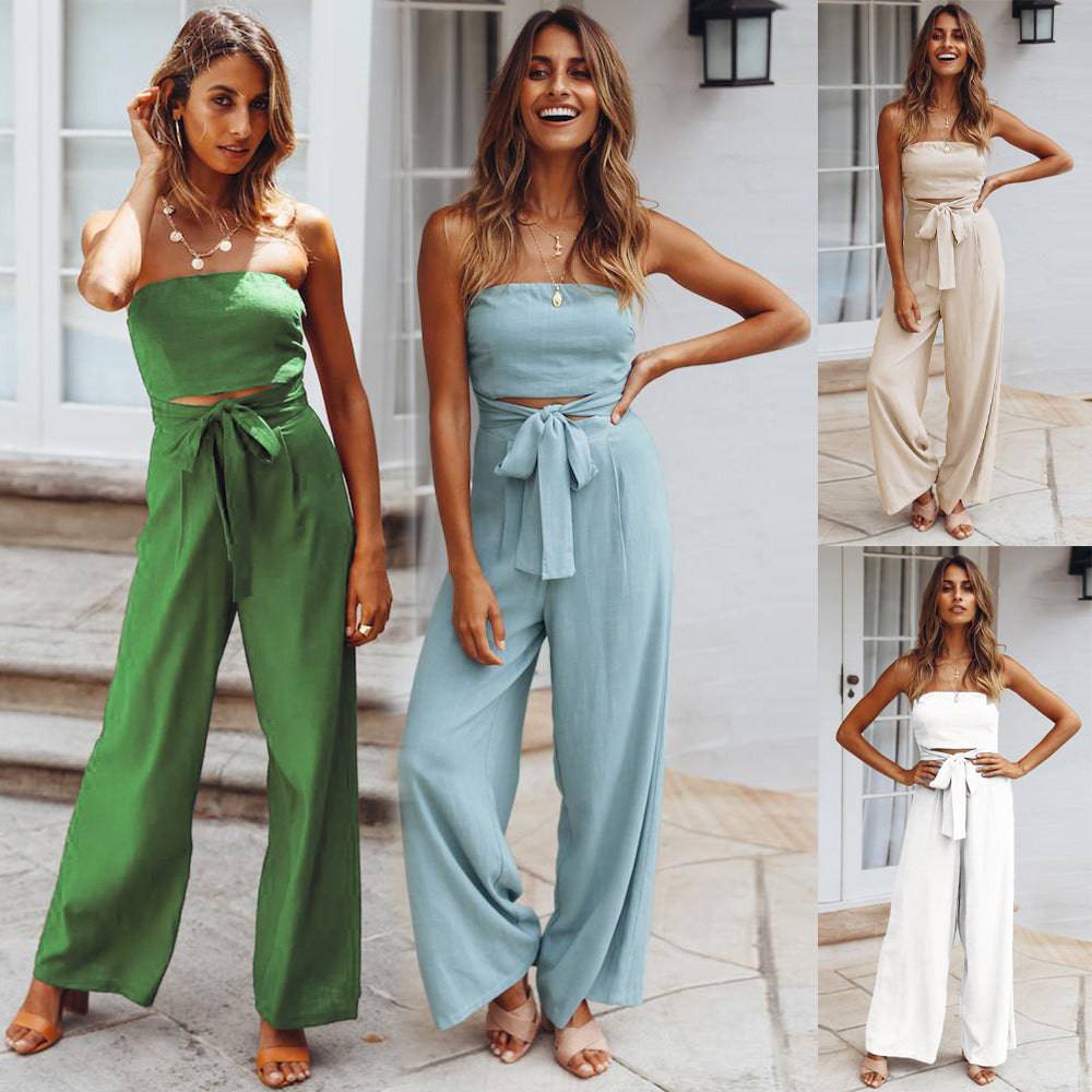 Women's New Tube Top Off-Shoulder Sleeveless Belted Cut Out Waist Loose Fit Pants Casual Fashion Jumpsuit - Clothing Personality