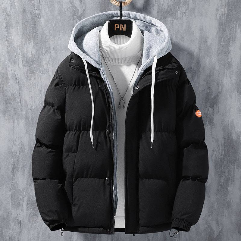 Fashion Hooded Jacket Men Winter Windproof Thickened Fake Two-piece Coat Solid Leisure Sports Cotton Jacket - Clothing Personality