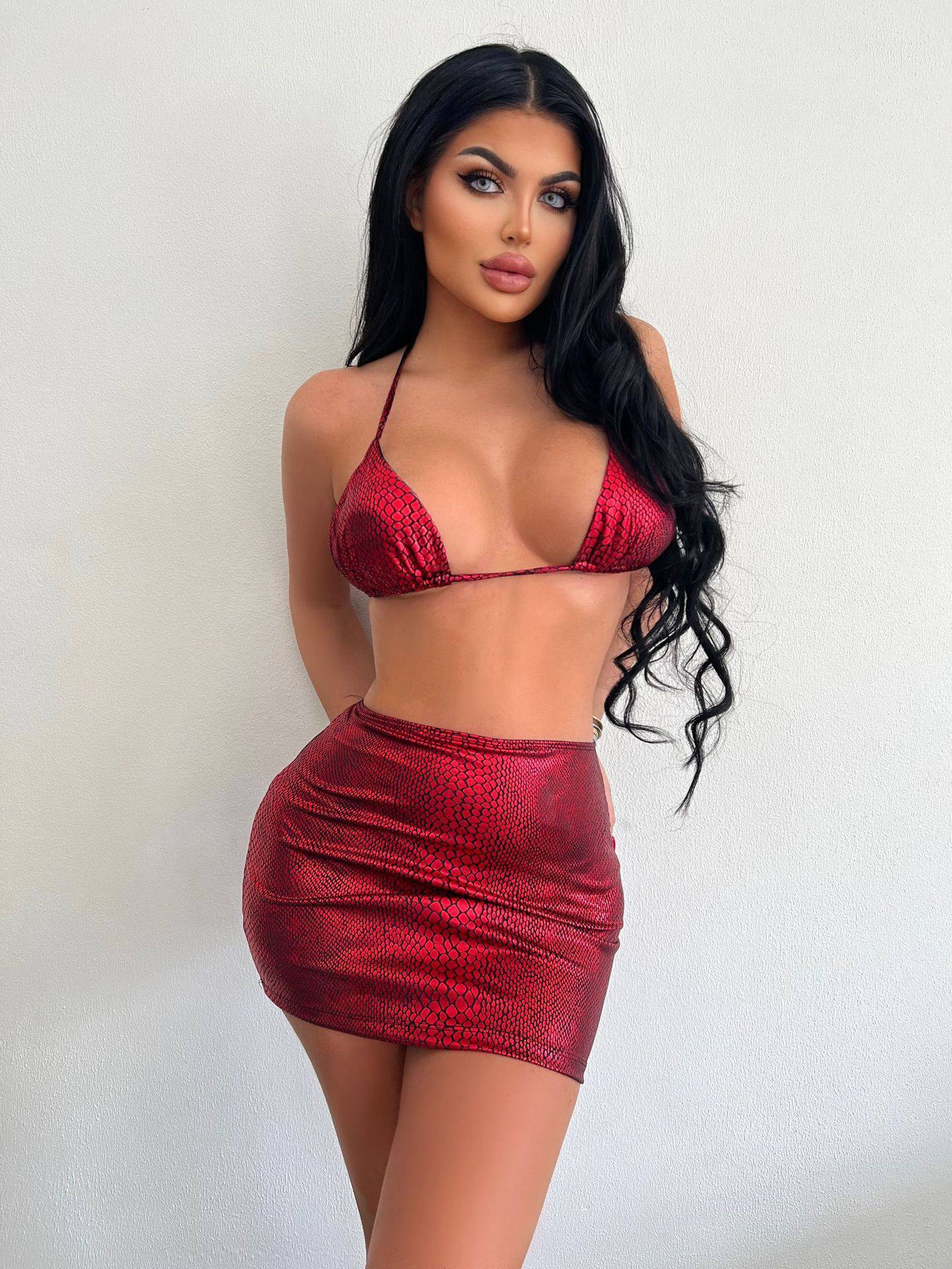 Women's 3 Piece Bathing Suit Halter Snake Pattern Bikini Set With Cover Up Skirt Summer Swimsuit - Clothing Personality