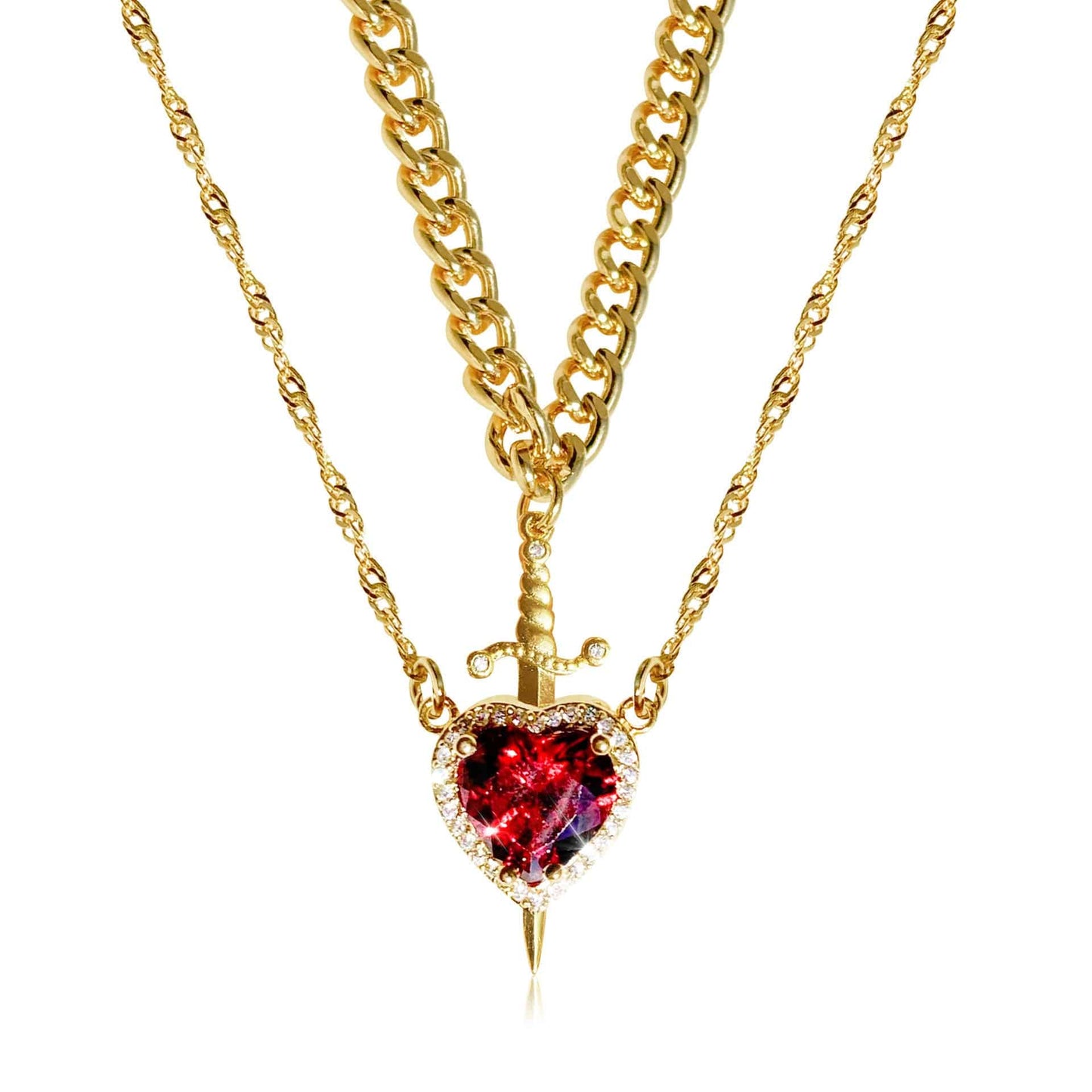 Gothic Punk One Arrow Through The Heart Creative Two Color Couple Necklace Red Rhinestone Heart Dagger Necklace Good Friend Gift Fashion Jewelry - Clothing Personality