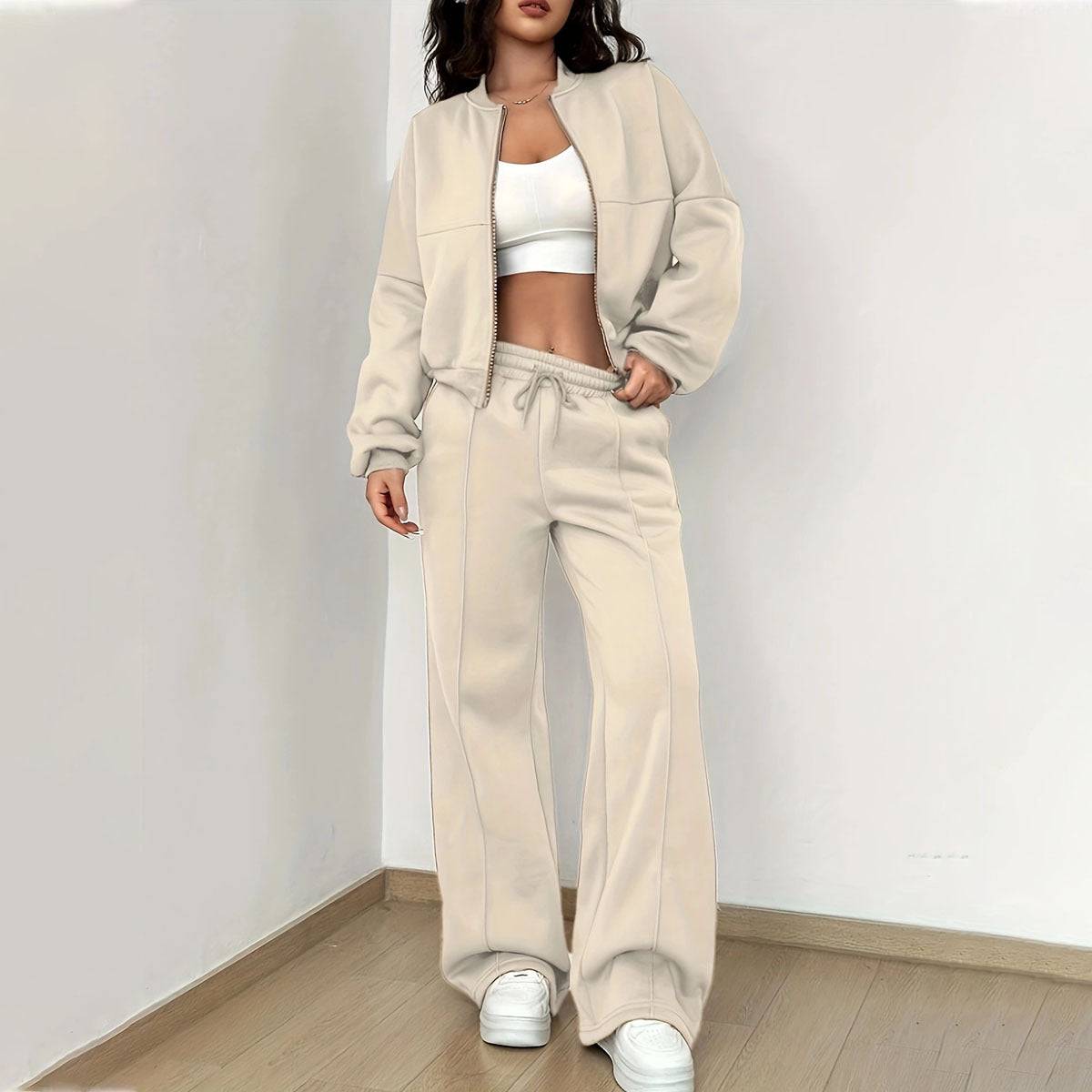 Casual Sports Suit Cardigan Sweater Wide Leg Sweatpants For Women - Clothing Personality