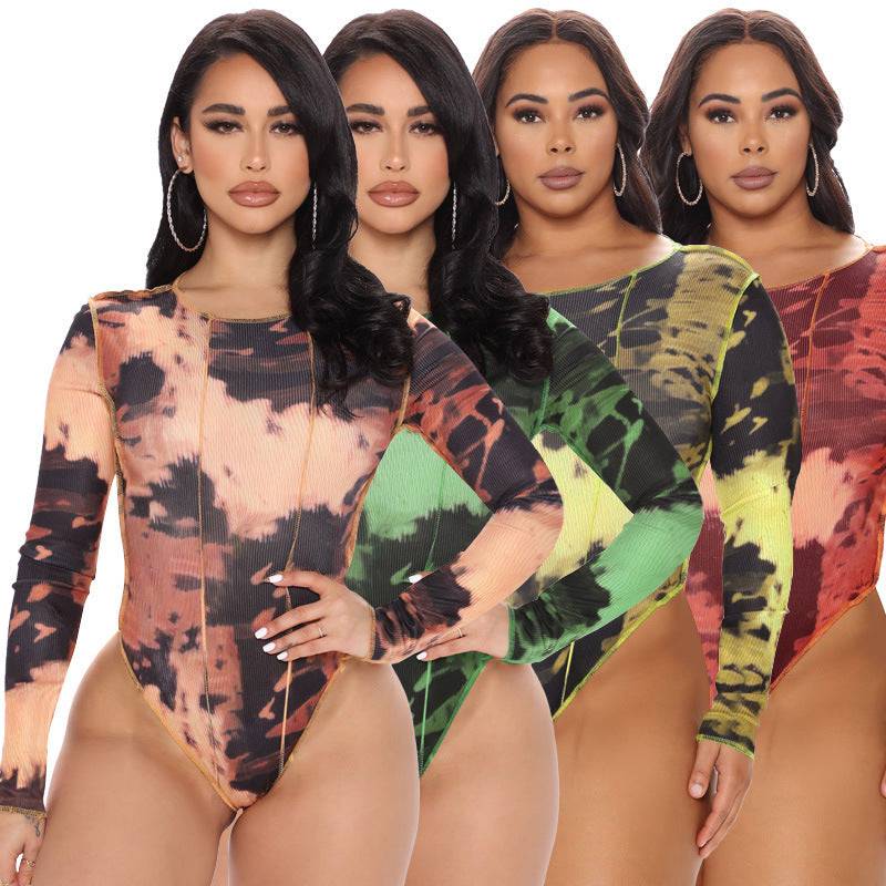 Women's Swimwear Round Neck Print Long Sleeves Plus Size Swimsuit - Clothing Personality