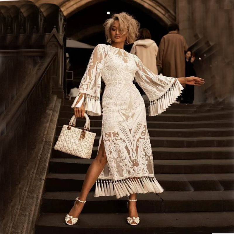 Women's Lace Embroidered Tassel Maxi Dress - Clothing Personality