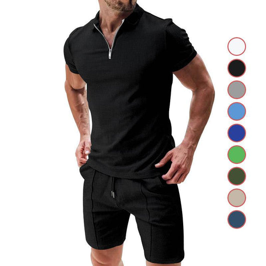 2Pcs Casual Waffle Suit Summer Zipper Lapel Short-sleeved Top And Drawstring Pockets Shorts Versatile Solid Color T-shirt Set For Mens Clothing Black