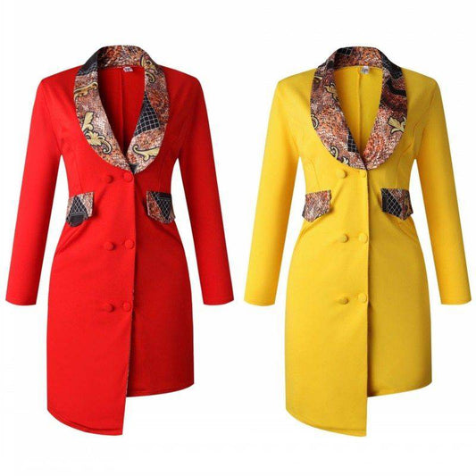 Women's Red or Yellow Long Sleeve OL Lapel Suit Dress with Mock Tie - Clothing Personality