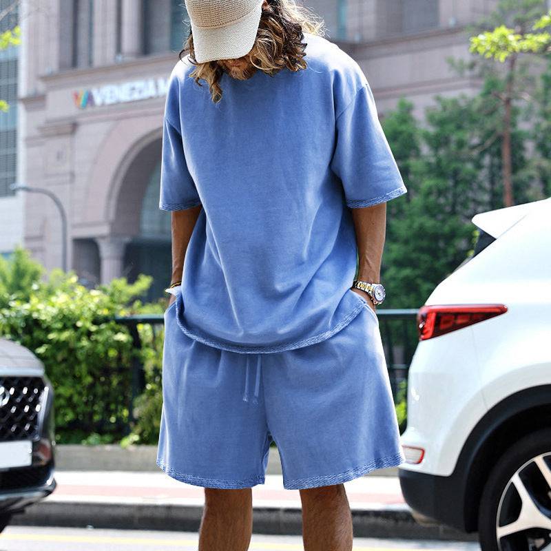 2pcs Loose Sports Shorts Set Suits Summer Round Neck Short Sleeve T-shirt And Drawstring Pockets Shorts Casual Solid Color Set Mens Clothing - Clothing Personality
