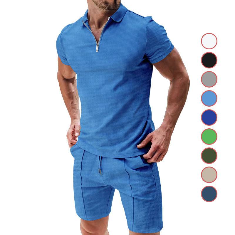 2 Piece Casual Waffle Suit Summer Zipper Lapel Short-sleeved Top And Drawstring Pockets Shorts Versatile Solid Color T-shirt Set For Mens Clothing Blue