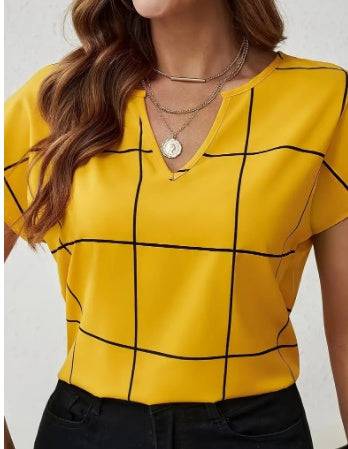 Plaid Print Notched Neck Blouse, Casual Short Sleeve Blouse For Spring & Summer, Women's Clothing - Clothing Personality