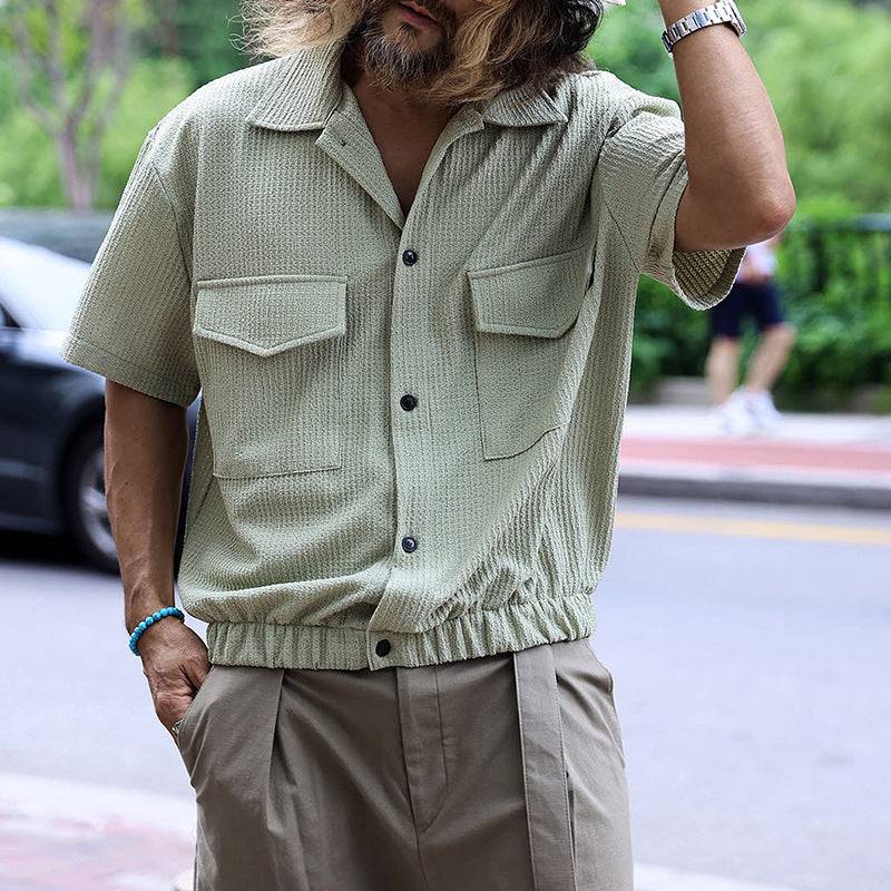 Men's Cropped Front Pocket Button Up Casual Tunic Textured Shirt Spring - Clothing Personality