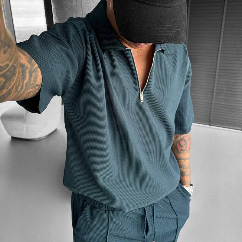 Spring Summer Fashion Men's Clothing Men's Chino Shorts Suit New Zipper Polo Casual Short Sleeve Shirt Drawstring Shorts Men's Set - Clothing Personality
