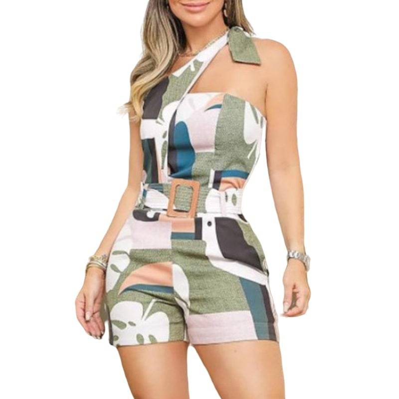 One-shoulder Knotted High Waist Romper Print Tube Top One-piece Shorts For Women - Clothing Personality