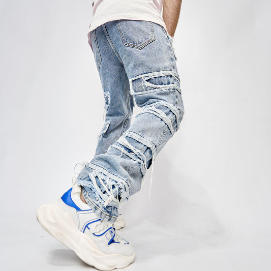 High Street Trousers Man's Pants Full Length Patched Straight Fit Men's Hip Hop Jeans - Clothing Personality