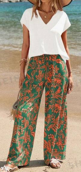 Women's Solid V-Neck Short Sleeve Top And Botanical Print Pants - Clothing Personality
