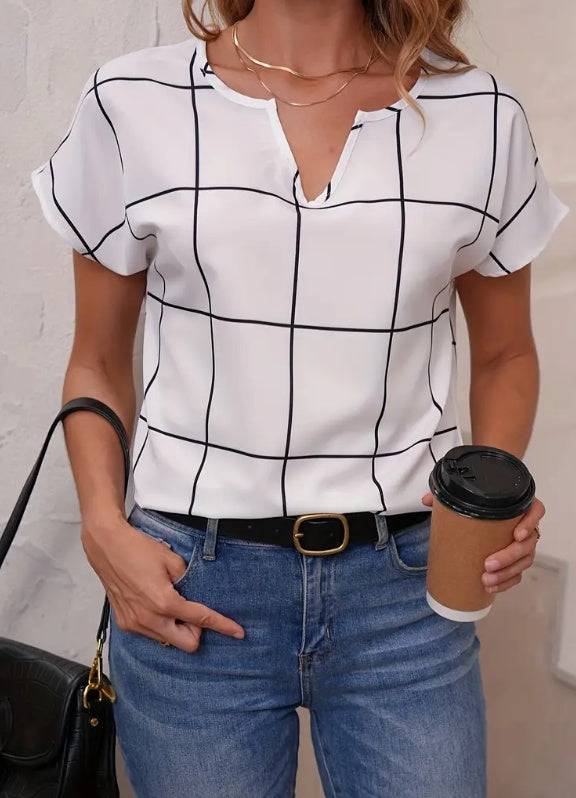 Plaid Print Notched Neck Blouse, Casual Short Sleeve Blouse For Spring & Summer, Women's Clothing - Clothing Personality
