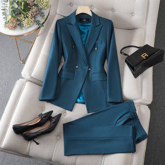 Women's Traditional Gold Button Blue Black Business Pants Suit Set Business Wear Blazer Pants Set Suit For Women - Clothing Personality