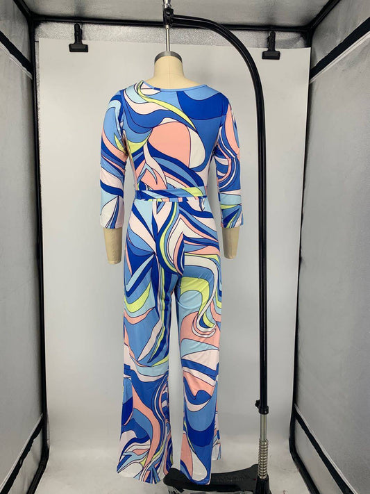 Women's V-Neck Long Sleeve Print Jumpsuit - Clothing Personality