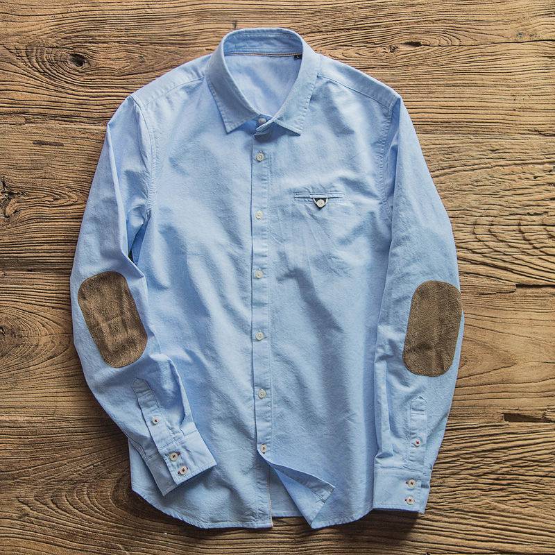 Men's Oxford Collar Button Up Long Sleeve Shirt Color Block Shirt Elbow Patch Business Casual Shirt Men's Retro in Light Blue